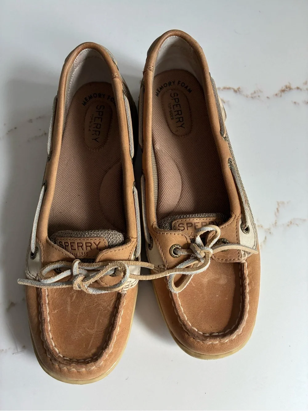 Sperry Tan and Beige Leather-Trim Boat Shoes size 7